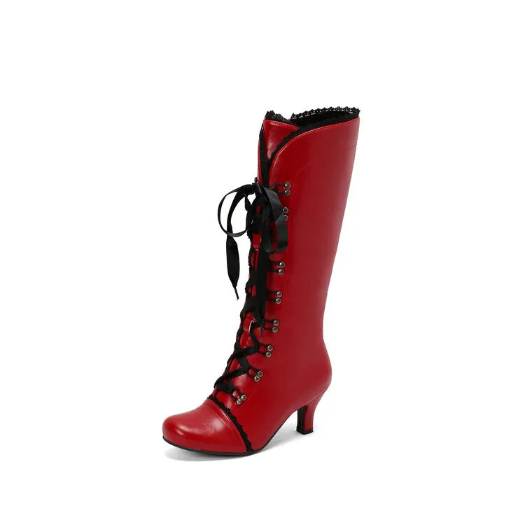 Women's Lace Rivets Round Toe Hoof Heel Knee High Boots