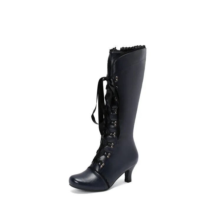 Women's Lace Rivets Round Toe Hoof Heel Knee High Boots