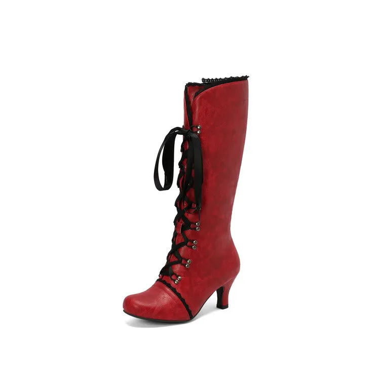Women's Lace Rivets Round Toe Hoof Heel Knee High Boots