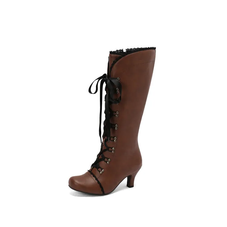 Women's Lace Rivets Round Toe Hoof Heel Knee High Boots