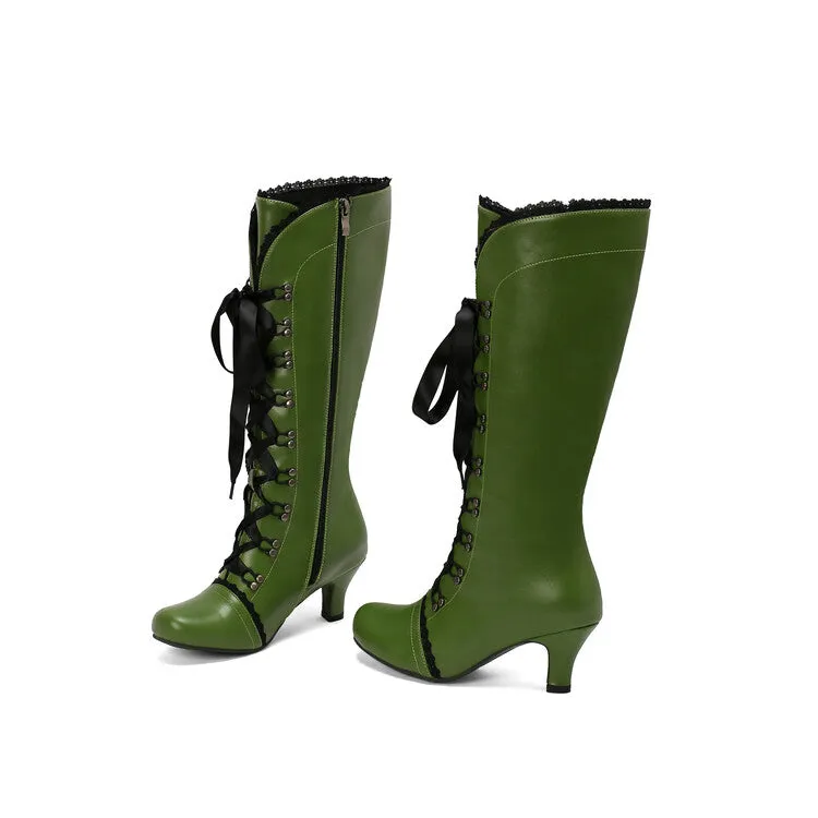 Women's Lace Rivets Round Toe Hoof Heel Knee High Boots