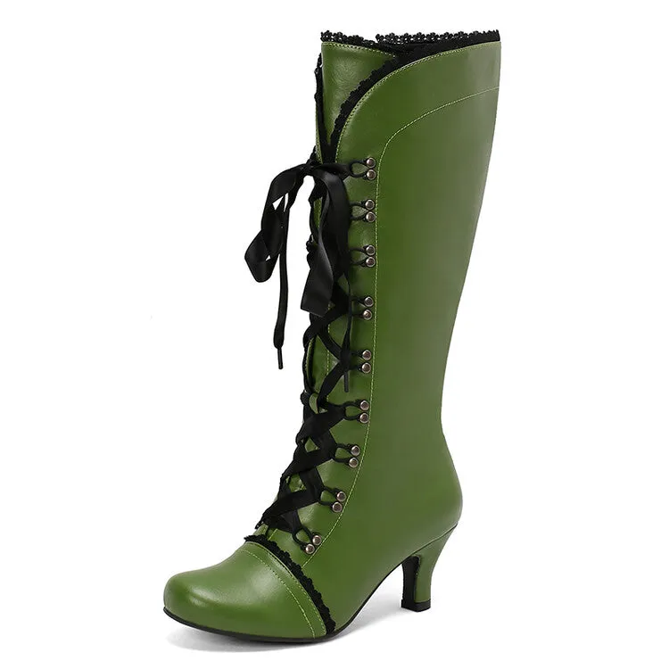 Women's Lace Rivets Round Toe Hoof Heel Knee High Boots