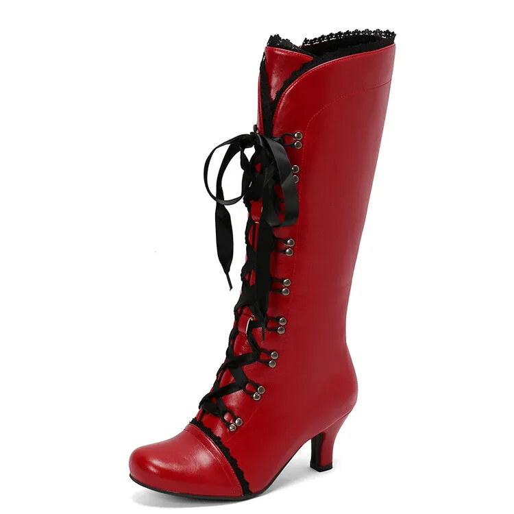 Women's Lace Rivets Round Toe Hoof Heel Knee High Boots