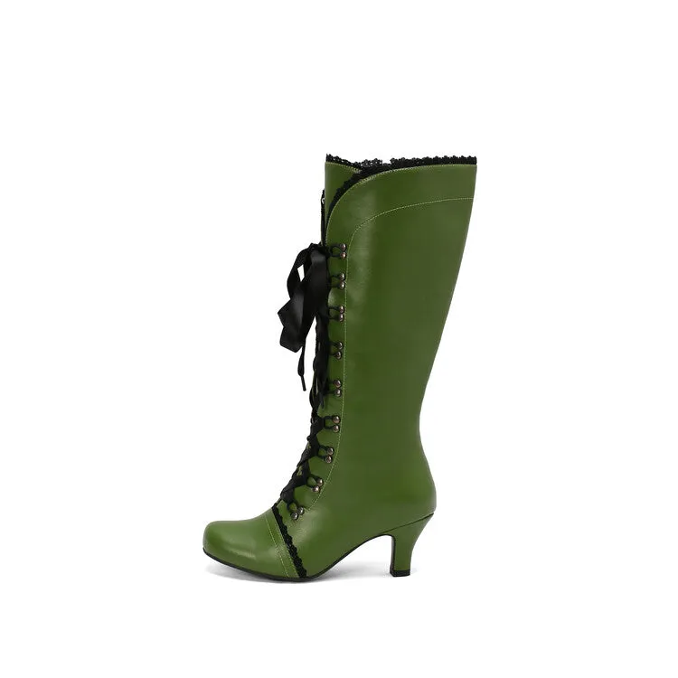 Women's Lace Rivets Round Toe Hoof Heel Knee High Boots