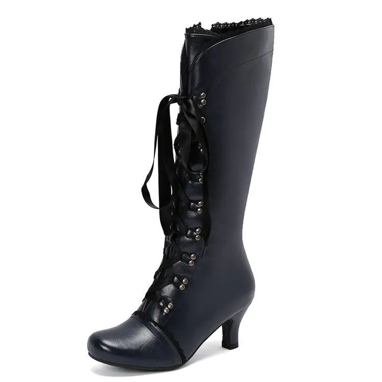 Women's Lace Rivets Round Toe Hoof Heel Knee High Boots