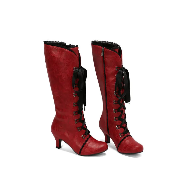 Women's Lace Rivets Round Toe Hoof Heel Knee High Boots