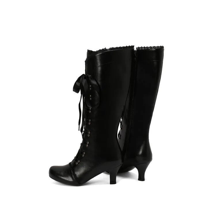 Women's Lace Rivets Round Toe Hoof Heel Knee High Boots