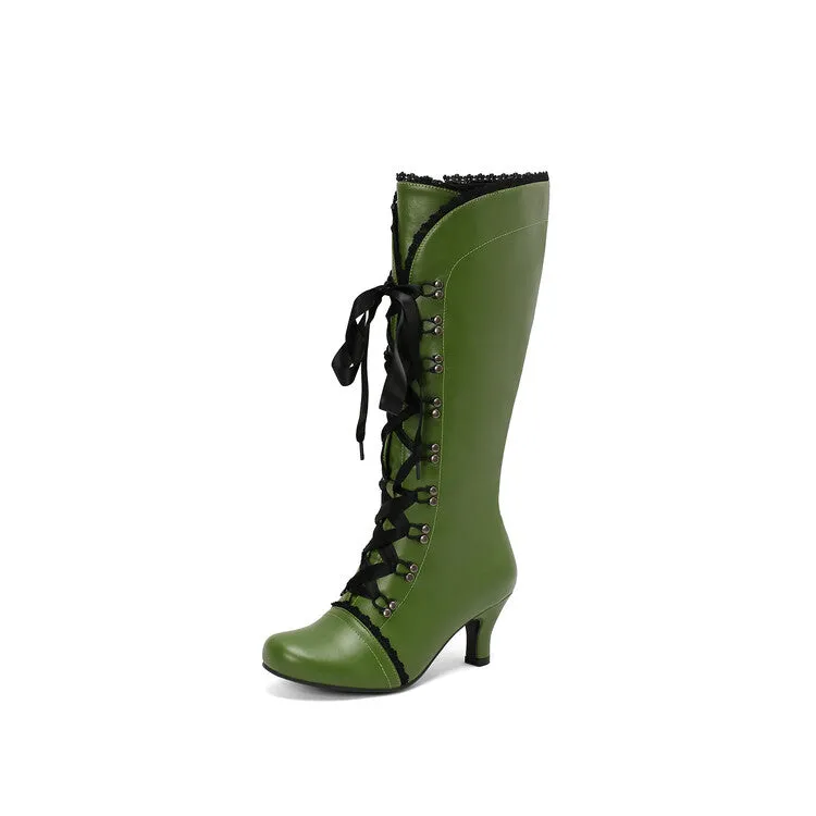 Women's Lace Rivets Round Toe Hoof Heel Knee High Boots