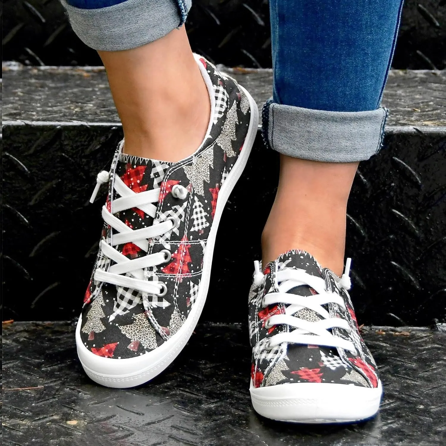 Womens Lace Up Loafers,Christmas Print Fashion Sneaker,Comfortable Lightwight Canvas Shoes,Casual Xmas Walking Shoes
