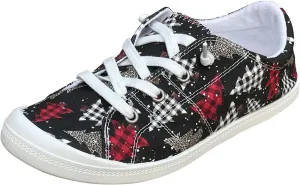 Womens Lace Up Loafers,Christmas Print Fashion Sneaker,Comfortable Lightwight Canvas Shoes,Casual Xmas Walking Shoes