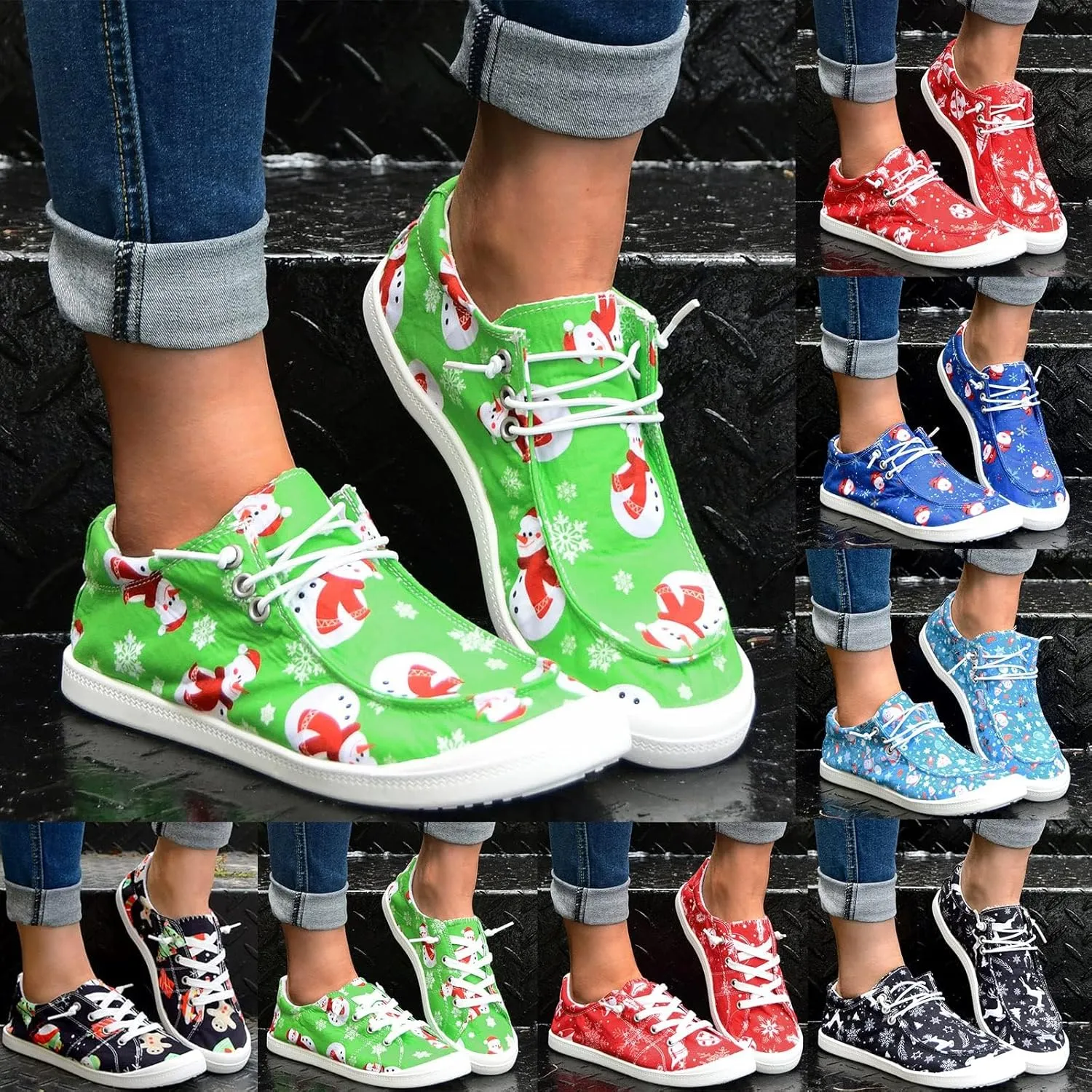 Womens Lace Up Loafers,Christmas Print Fashion Sneaker,Comfortable Lightwight Canvas Shoes,Casual Xmas Walking Shoes