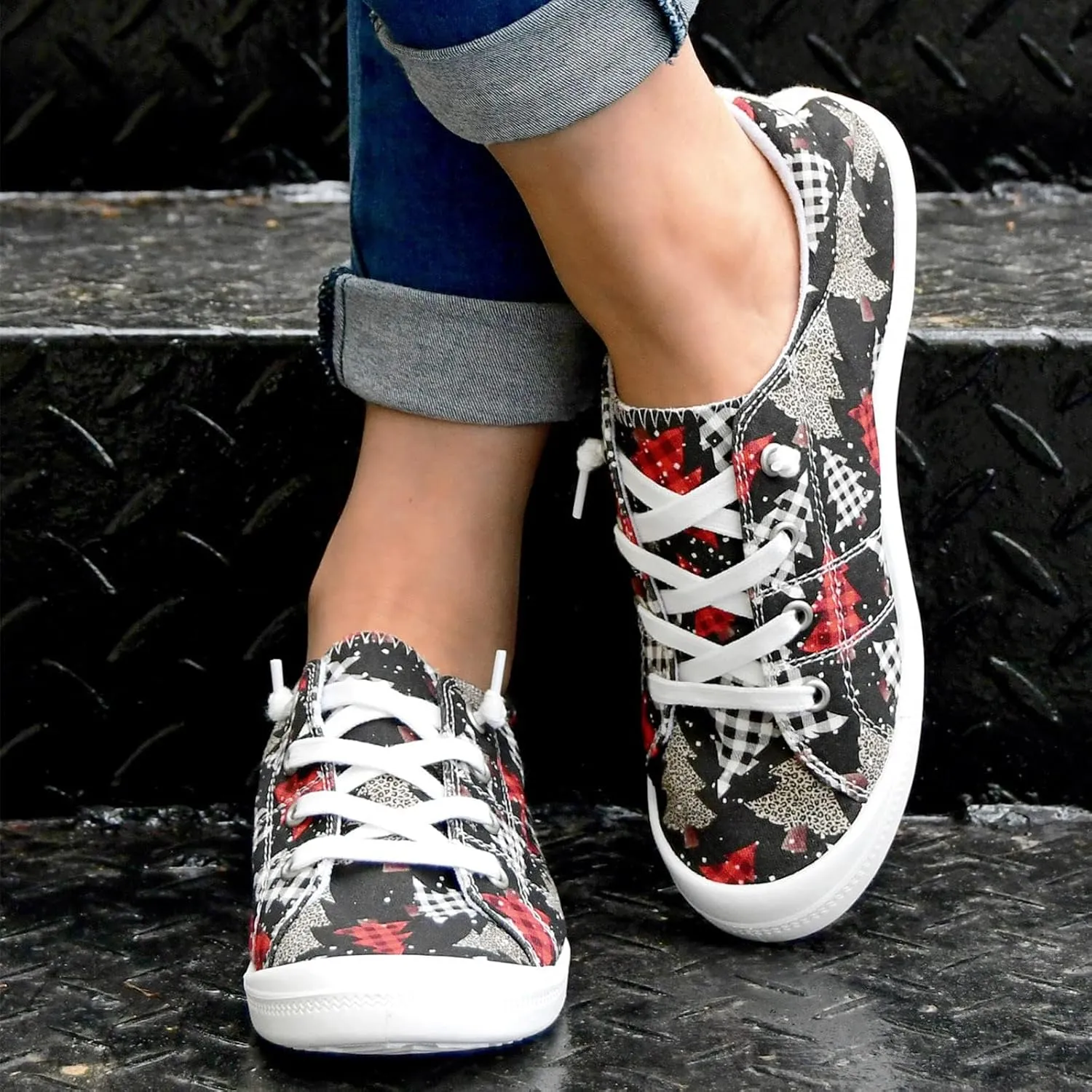 Womens Lace Up Loafers,Christmas Print Fashion Sneaker,Comfortable Lightwight Canvas Shoes,Casual Xmas Walking Shoes