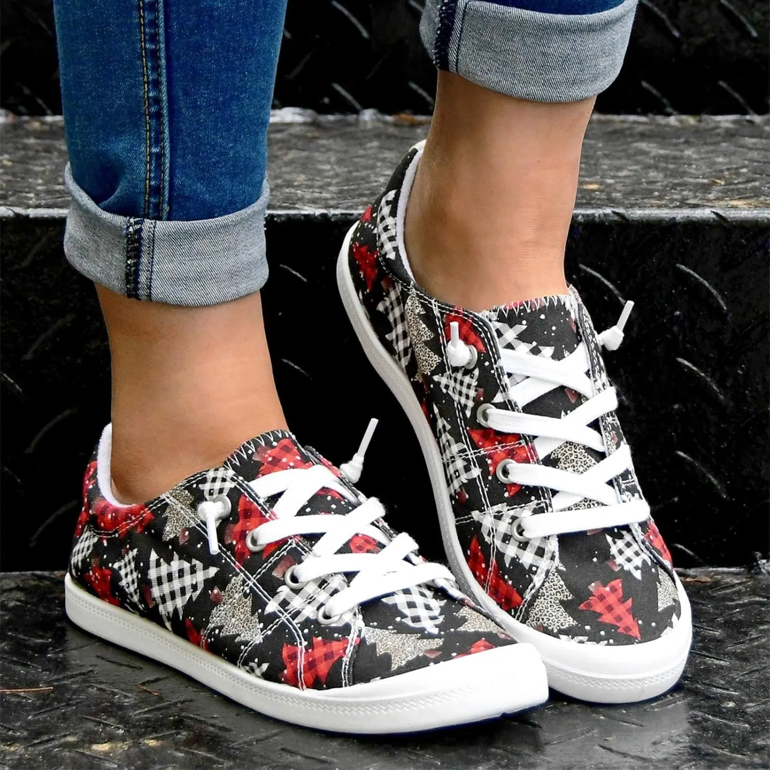 Womens Lace Up Loafers,Christmas Print Fashion Sneaker,Comfortable Lightwight Canvas Shoes,Casual Xmas Walking Shoes