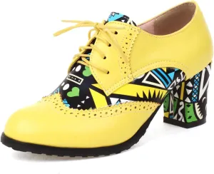 Women's Lace up Oxford Shoes Closed Round Toe Comfortable Brogue Perforated Oxfords Chunky Dating Wedding Vintage Wingtip High Block Heeled All Weather Heels