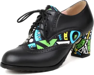 Women's Lace up Oxford Shoes Closed Round Toe Comfortable Brogue Perforated Oxfords Chunky Dating Wedding Vintage Wingtip High Block Heeled All Weather Heels