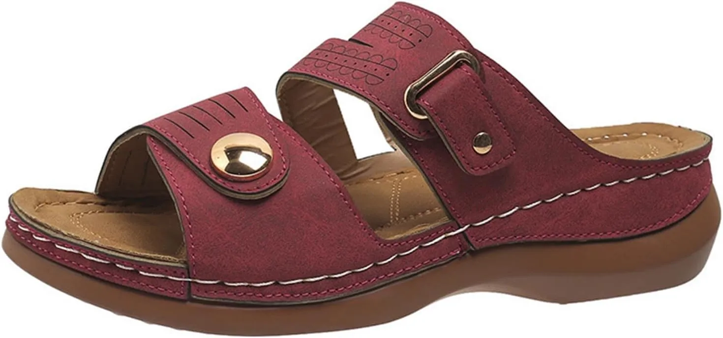 Womens Leather Flat Sandals Slide Casual Sandals with Arch Support Adjustable Hook and Loop Straps Slip-On Shoes