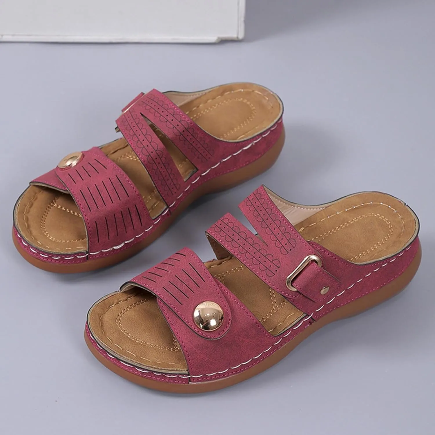 Womens Leather Flat Sandals Slide Casual Sandals with Arch Support Adjustable Hook and Loop Straps Slip-On Shoes