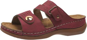 Womens Leather Flat Sandals Slide Casual Sandals with Arch Support Adjustable Hook and Loop Straps Slip-On Shoes