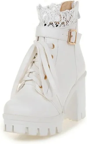 Women's Lug Sole Combat Ankle Bootie Lace up Low Chunky Block Boots Fashion Causal Shoes Rain Boots Pull On Cowboy Side