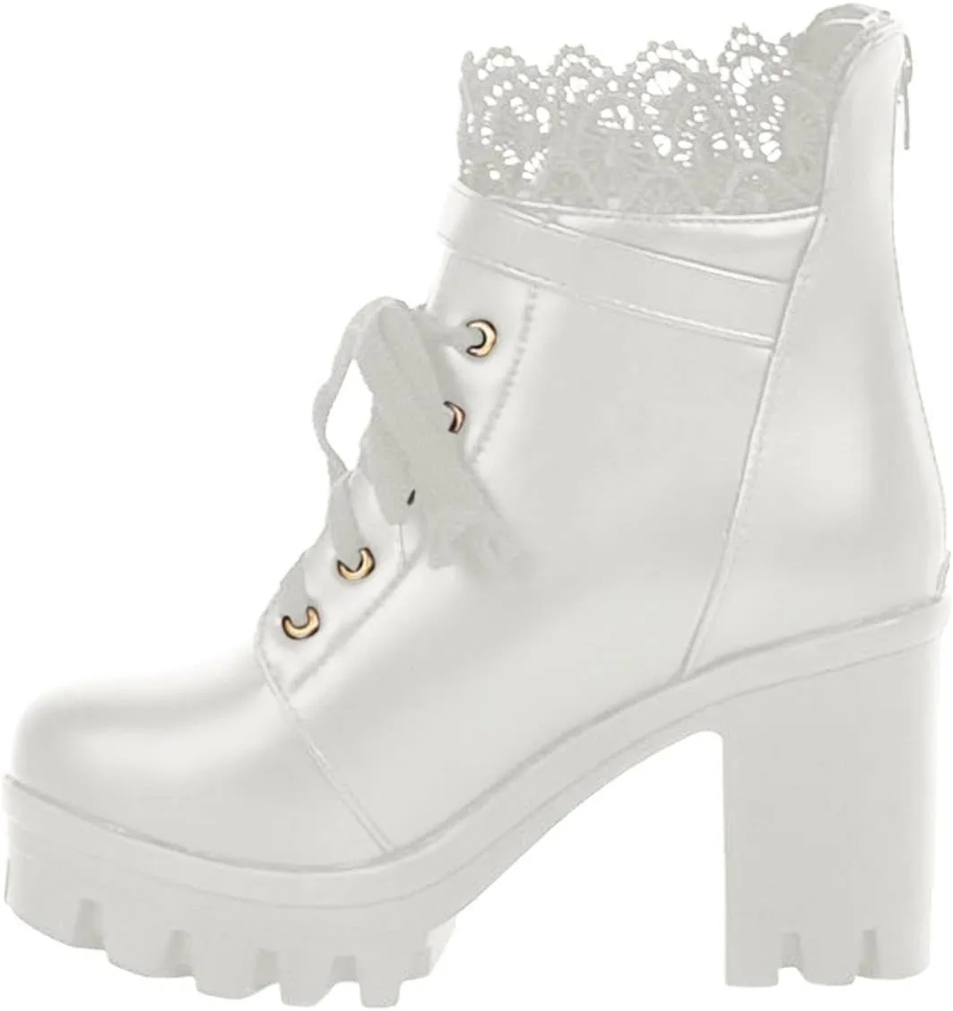 Women's Lug Sole Combat Ankle Bootie Lace up Low Chunky Block Boots Fashion Causal Shoes Rain Boots Pull On Cowboy Side