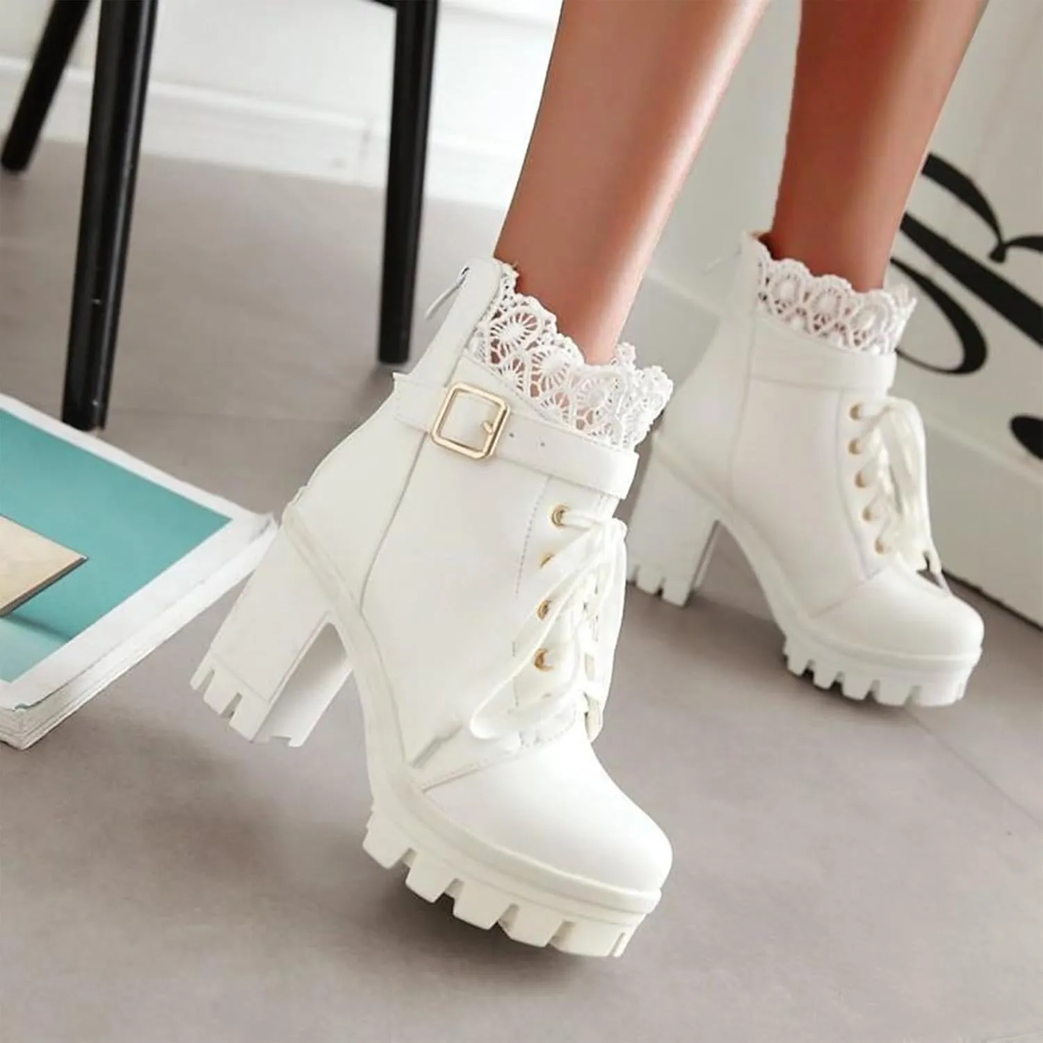 Women's Lug Sole Combat Ankle Bootie Lace up Low Chunky Block Boots Fashion Causal Shoes Rain Boots Pull On Cowboy Side