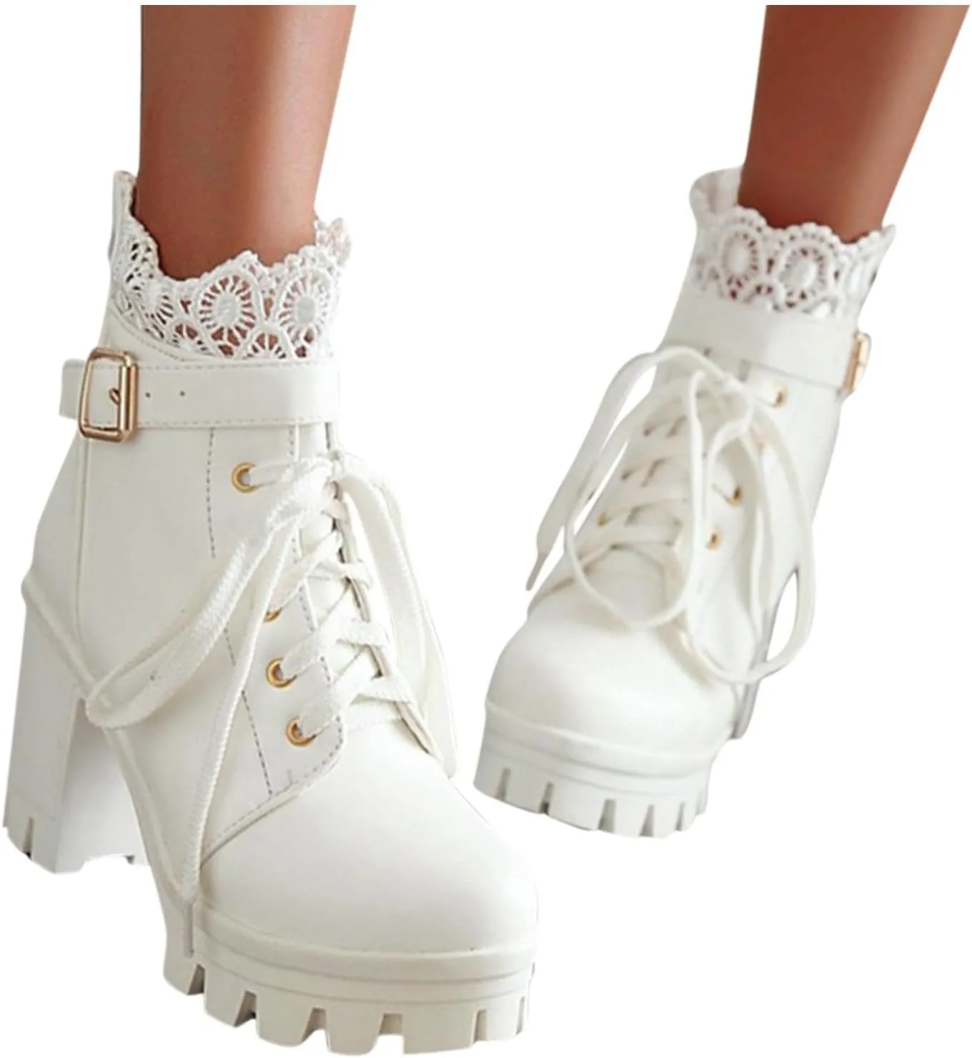 Women's Lug Sole Combat Ankle Bootie Lace up Low Chunky Block Boots Fashion Causal Shoes Rain Boots Pull On Cowboy Side
