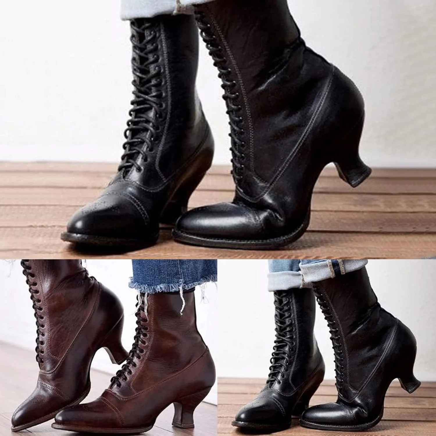 Women's Mid Calf Boot,Women's Lace Heel Boot,Womens Kitten Low Heel Booties Pointy Toe Lace Up Side Zipper Vintage Victorian Boots Renaissance Shoes for Wedding Bridal Party
