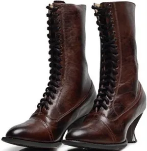 Women's Mid Calf Boot,Women's Lace Heel Boot,Womens Kitten Low Heel Booties Pointy Toe Lace Up Side Zipper Vintage Victorian Boots Renaissance Shoes for Wedding Bridal Party