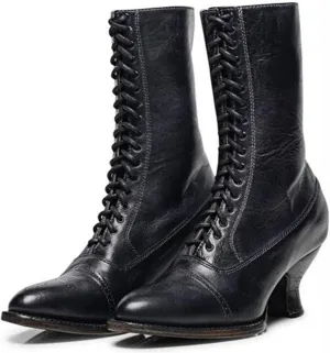 Women's Mid Calf Boot,Women's Lace Heel Boot,Womens Kitten Low Heel Booties Pointy Toe Lace Up Side Zipper Vintage Victorian Boots Renaissance Shoes for Wedding Bridal Party