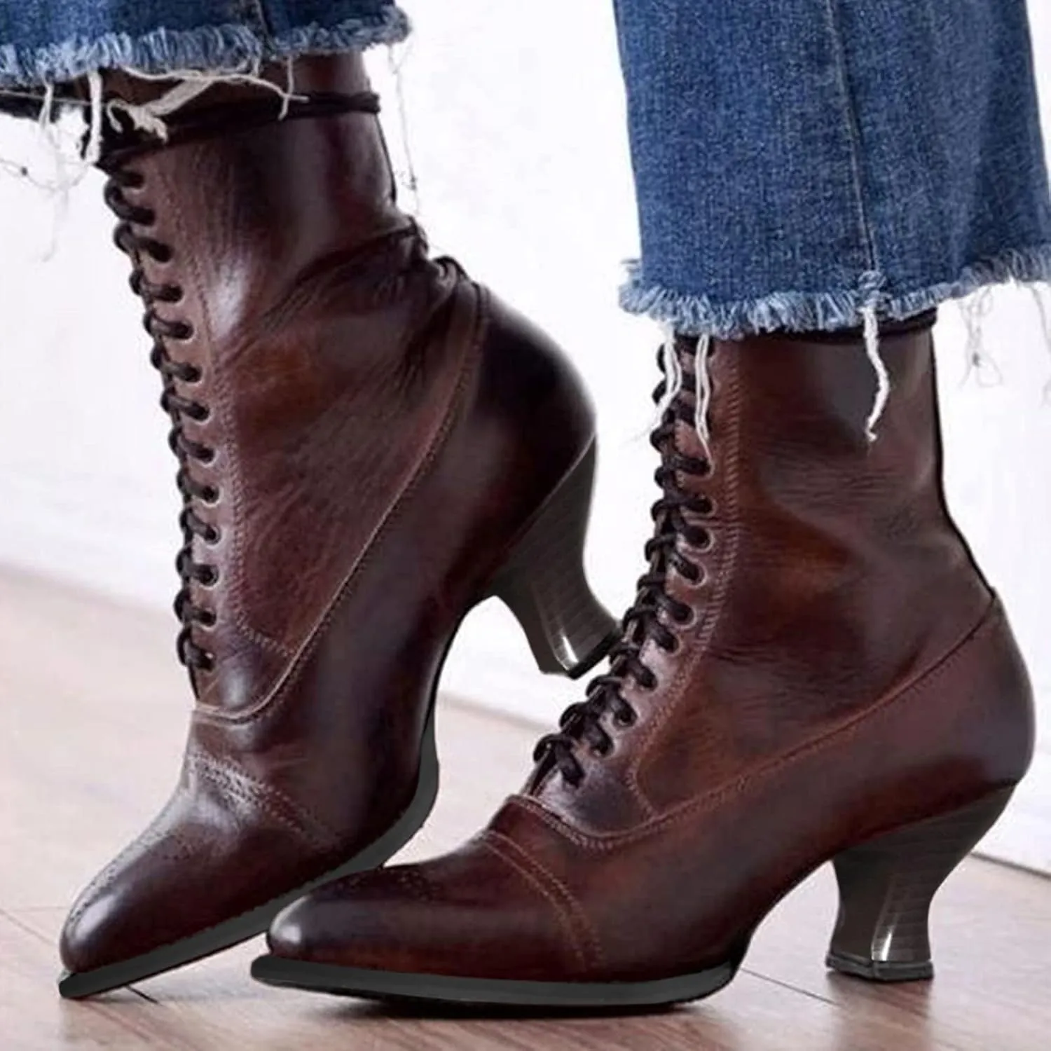 Women's Mid Calf Boot,Women's Lace Heel Boot,Womens Kitten Low Heel Booties Pointy Toe Lace Up Side Zipper Vintage Victorian Boots Renaissance Shoes for Wedding Bridal Party