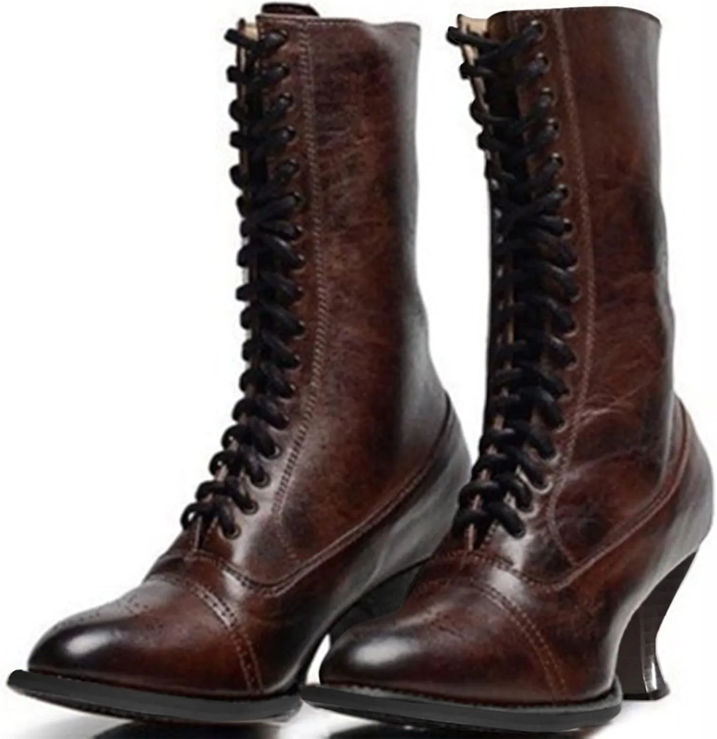 Women's Mid Calf Boot,Women's Lace Heel Boot,Womens Kitten Low Heel Booties Pointy Toe Lace Up Side Zipper Vintage Victorian Boots Renaissance Shoes for Wedding Bridal Party