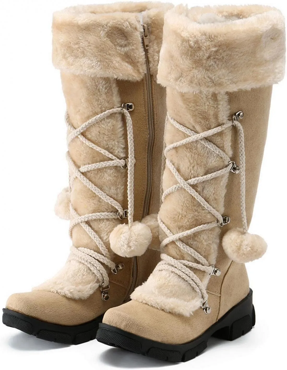 Women's Mid-Calf Winter Snow Boots Warm Faux Fur Plush Retro Pompom Lace-up Zipper Middle Tube Non-slip Combat Booties