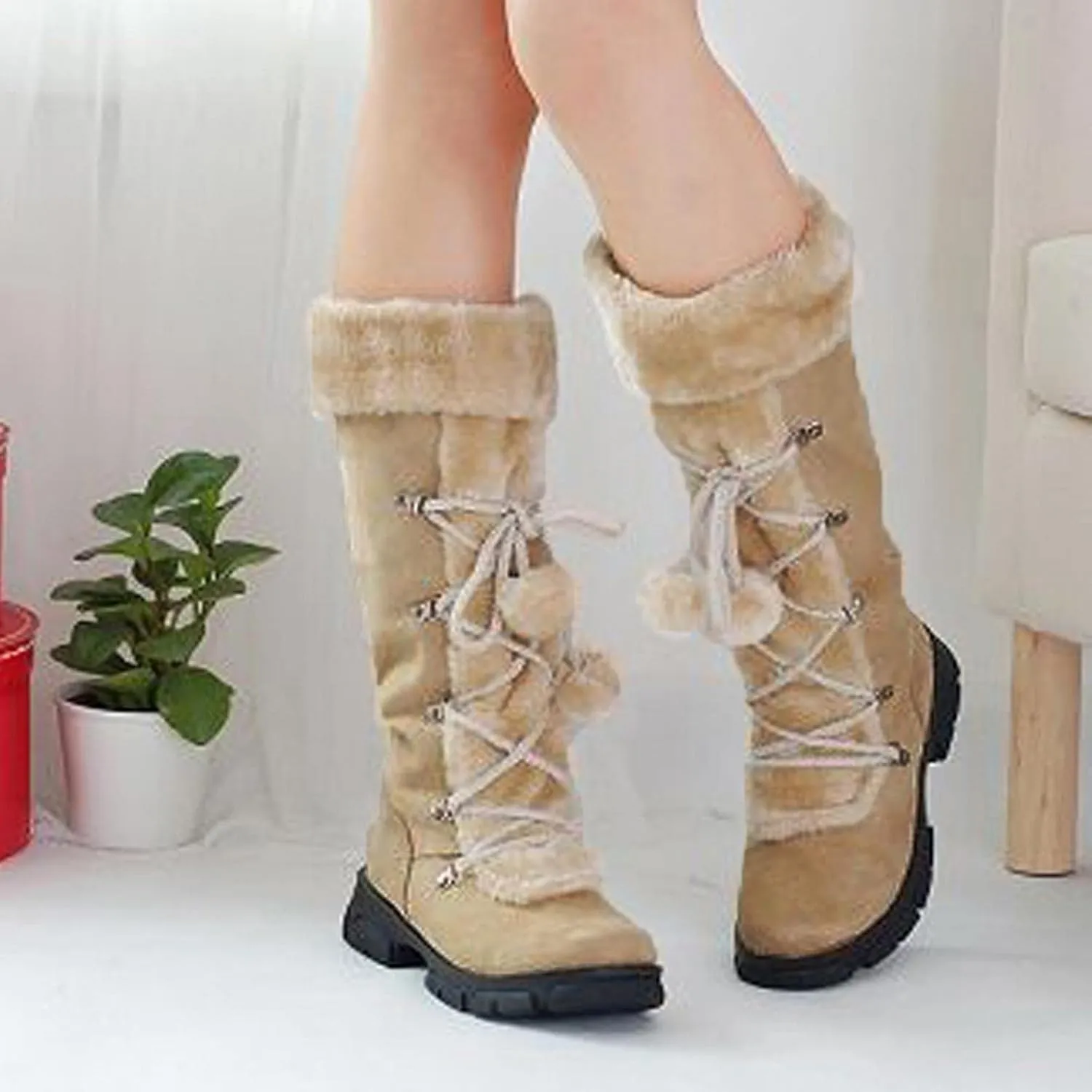 Women's Mid-Calf Winter Snow Boots Warm Faux Fur Plush Retro Pompom Lace-up Zipper Middle Tube Non-slip Combat Booties