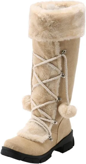 Women's Mid-Calf Winter Snow Boots Warm Faux Fur Plush Retro Pompom Lace-up Zipper Middle Tube Non-slip Combat Booties