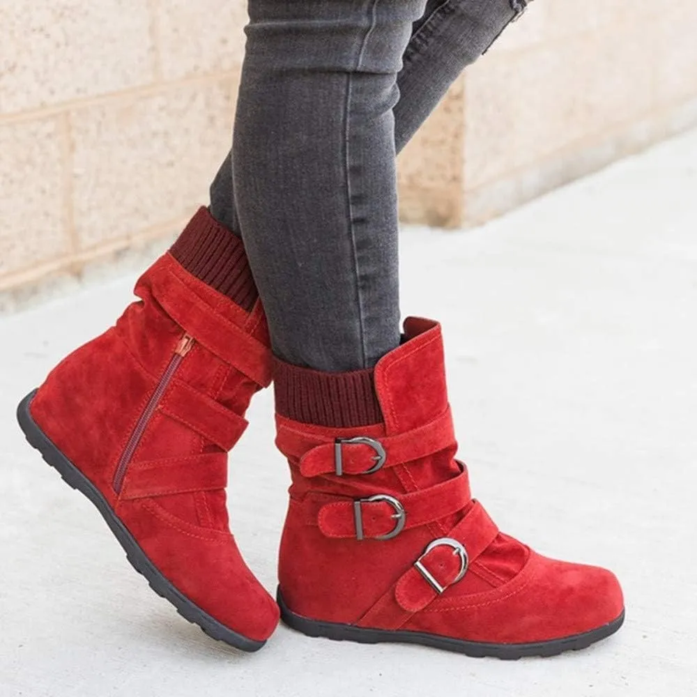 Women's Mid Calf Winter Snow Boots Wide-Calf Round Toe Flat Low Heel Comfort Slouchy Bootie Slip On Outdoor Hiking Non-Slip Shoes Fashion Retro Faux Suede Booties with Side Zipper Buckle Strap