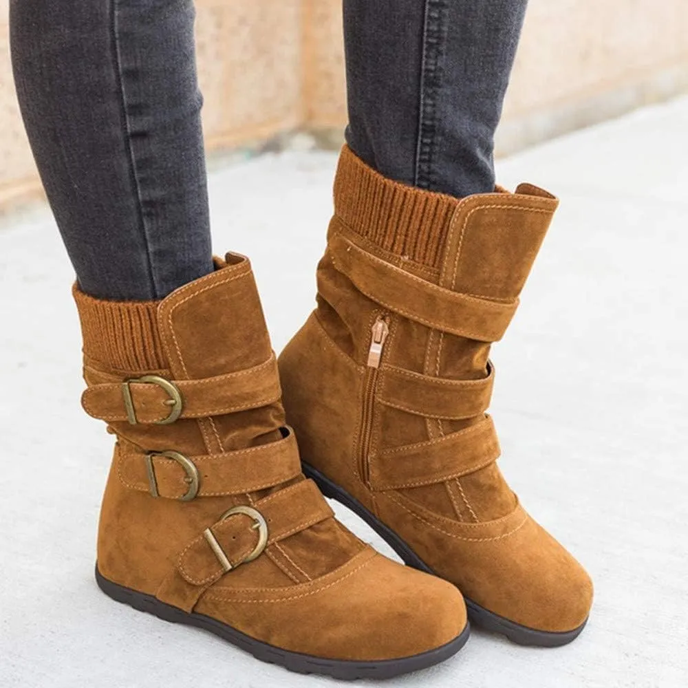 Women's Mid Calf Winter Snow Boots Wide-Calf Round Toe Flat Low Heel Comfort Slouchy Bootie Slip On Outdoor Hiking Non-Slip Shoes Fashion Retro Faux Suede Booties with Side Zipper Buckle Strap