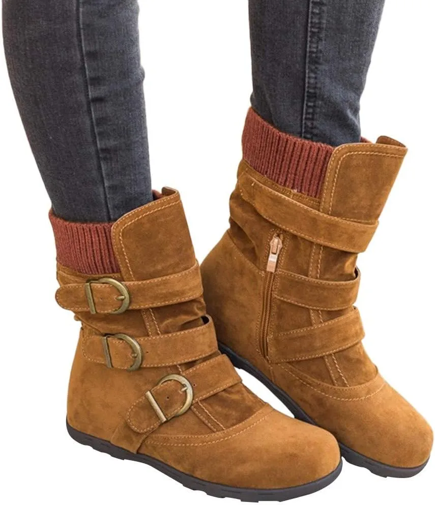 Women's Mid Calf Winter Snow Boots Wide-Calf Round Toe Flat Low Heel Comfort Slouchy Bootie Slip On Outdoor Hiking Non-Slip Shoes Fashion Retro Faux Suede Booties with Side Zipper Buckle Strap