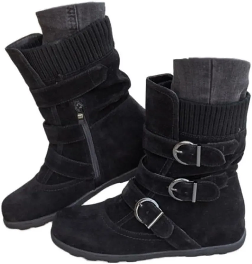 Women's Mid Calf Winter Snow Boots Wide-Calf Round Toe Flat Low Heel Comfort Slouchy Bootie Slip On Outdoor Hiking Non-Slip Shoes Fashion Retro Faux Suede Booties with Side Zipper Buckle Strap