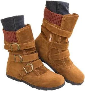Women's Mid Calf Winter Snow Boots Wide-Calf Round Toe Flat Low Heel Comfort Slouchy Bootie Slip On Outdoor Hiking Non-Slip Shoes Fashion Retro Faux Suede Booties with Side Zipper Buckle Strap
