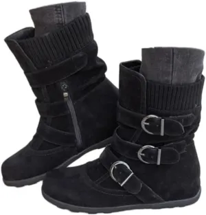 Women's Mid Calf Winter Snow Boots Wide-Calf Round Toe Flat Low Heel Comfort Slouchy Bootie Slip On Outdoor Hiking Non-Slip Shoes Fashion Retro Faux Suede Booties with Side Zipper Buckle Strap