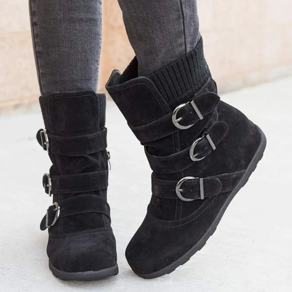 Women's Mid Calf Winter Snow Boots Wide-Calf Round Toe Flat Low Heel Comfort Slouchy Bootie Slip On Outdoor Hiking Non-Slip Shoes Fashion Retro Faux Suede Booties with Side Zipper Buckle Strap