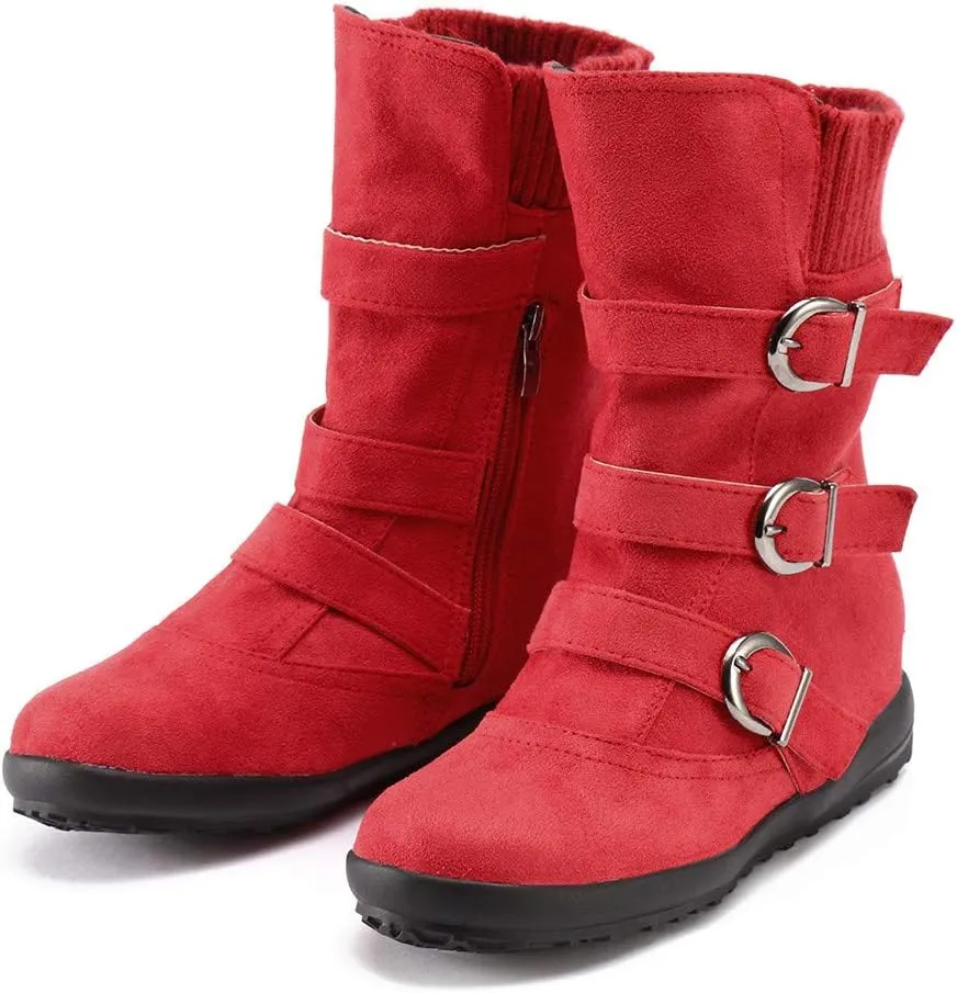 Women's Mid Calf Winter Snow Boots Wide-Calf Round Toe Flat Low Heel Comfort Slouchy Bootie Slip On Outdoor Hiking Non-Slip Shoes Fashion Retro Faux Suede Booties with Side Zipper Buckle Strap