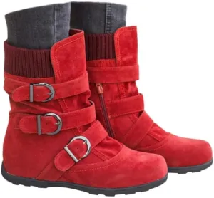 Women's Mid Calf Winter Snow Boots Wide-Calf Round Toe Flat Low Heel Comfort Slouchy Bootie Slip On Outdoor Hiking Non-Slip Shoes Fashion Retro Faux Suede Booties with Side Zipper Buckle Strap