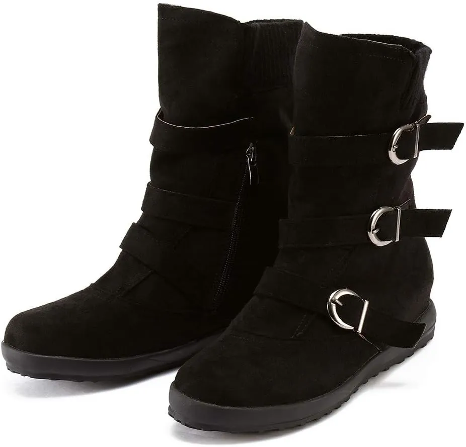 Women's Mid Calf Winter Snow Boots Wide-Calf Round Toe Flat Low Heel Comfort Slouchy Bootie Slip On Outdoor Hiking Non-Slip Shoes Fashion Retro Faux Suede Booties with Side Zipper Buckle Strap
