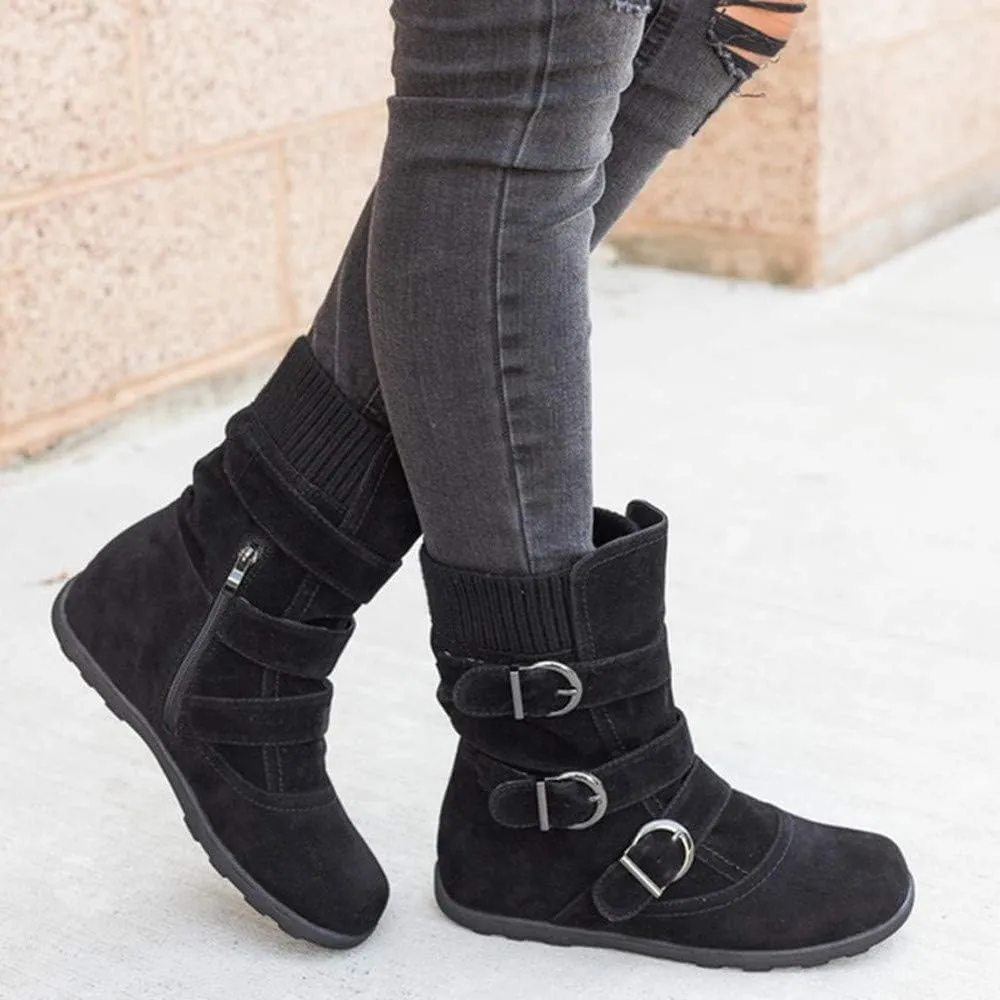 Women's Mid Calf Winter Snow Boots Wide-Calf Round Toe Flat Low Heel Comfort Slouchy Bootie Slip On Outdoor Hiking Non-Slip Shoes Fashion Retro Faux Suede Booties with Side Zipper Buckle Strap