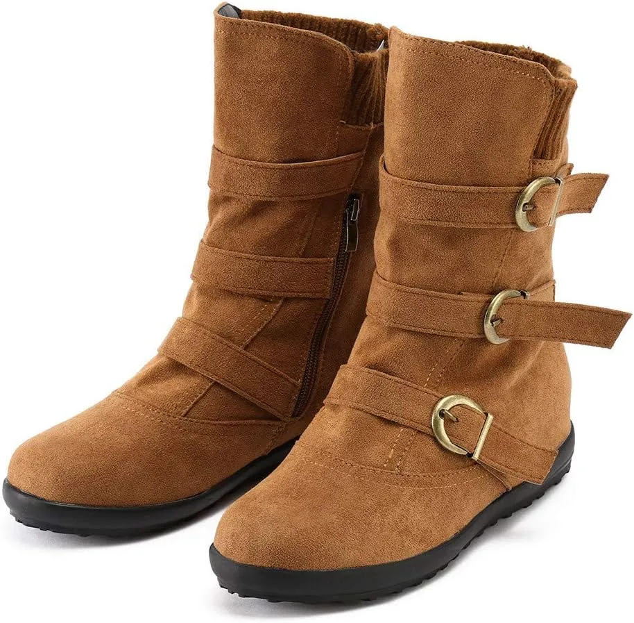 Women's Mid Calf Winter Snow Boots Wide-Calf Round Toe Flat Low Heel Comfort Slouchy Bootie Slip On Outdoor Hiking Non-Slip Shoes Fashion Retro Faux Suede Booties with Side Zipper Buckle Strap