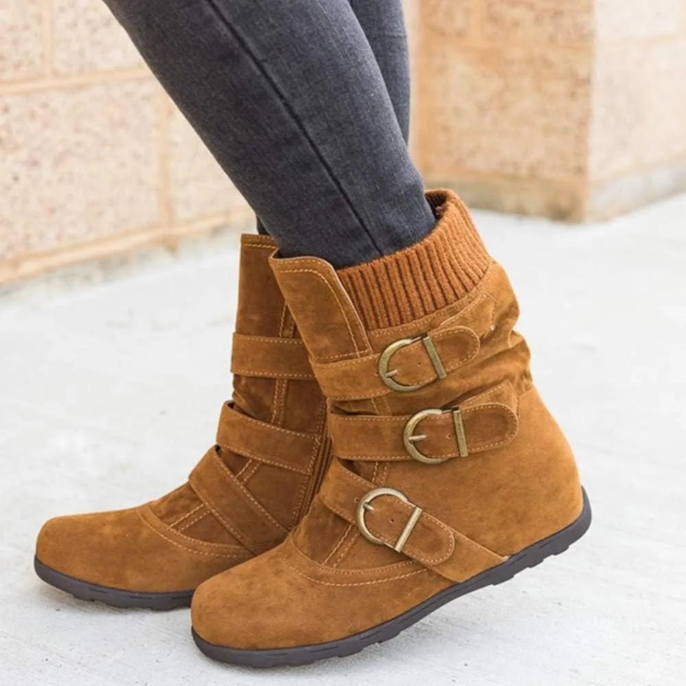 Women's Mid Calf Winter Snow Boots Wide-Calf Round Toe Flat Low Heel Comfort Slouchy Bootie Slip On Outdoor Hiking Non-Slip Shoes Fashion Retro Faux Suede Booties with Side Zipper Buckle Strap