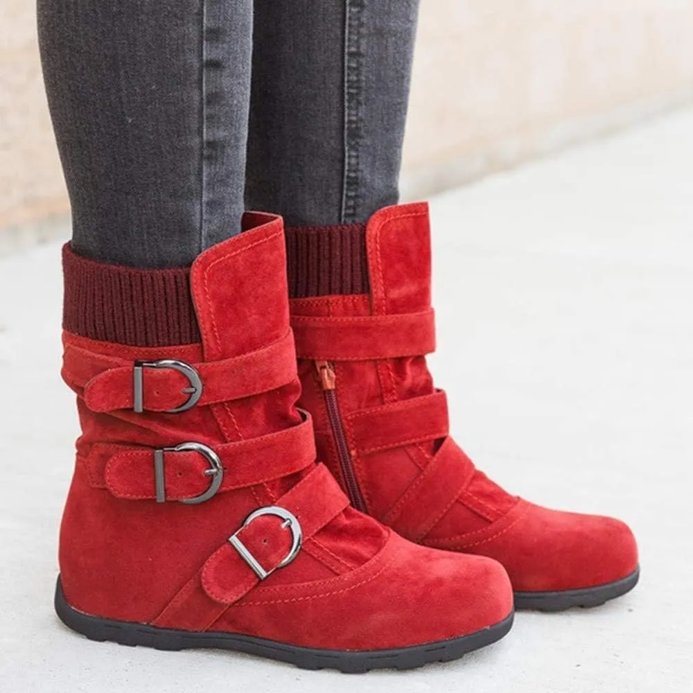 Women's Mid Calf Winter Snow Boots Wide-Calf Round Toe Flat Low Heel Comfort Slouchy Bootie Slip On Outdoor Hiking Non-Slip Shoes Fashion Retro Faux Suede Booties with Side Zipper Buckle Strap