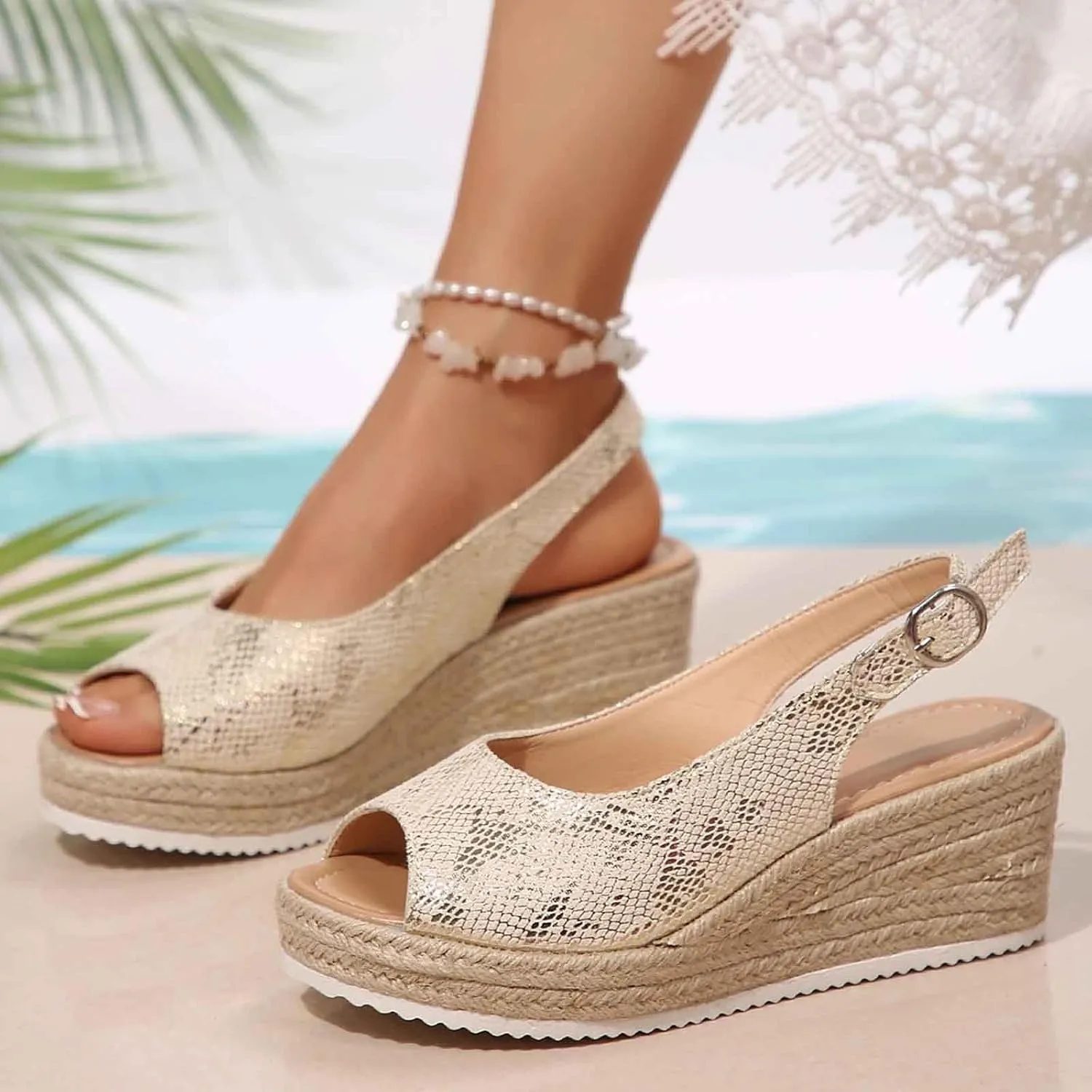 Women's Open Toe Wedge Sandals Casual Comfortable Beach Shoes with Ankle Strap for Summer Dressy Outfits and