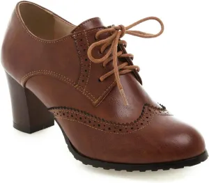 Women's Platform Faux Leather Oxfords Formal Occasion Chunky Block High Heels Brogues Closed Pointed Toed Vintage Lace Up Pumps Work Office Wedding Bridal Dress Shoes